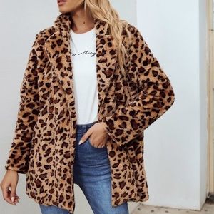 Faux Fur Leopard Lapel Plush Car Coat
